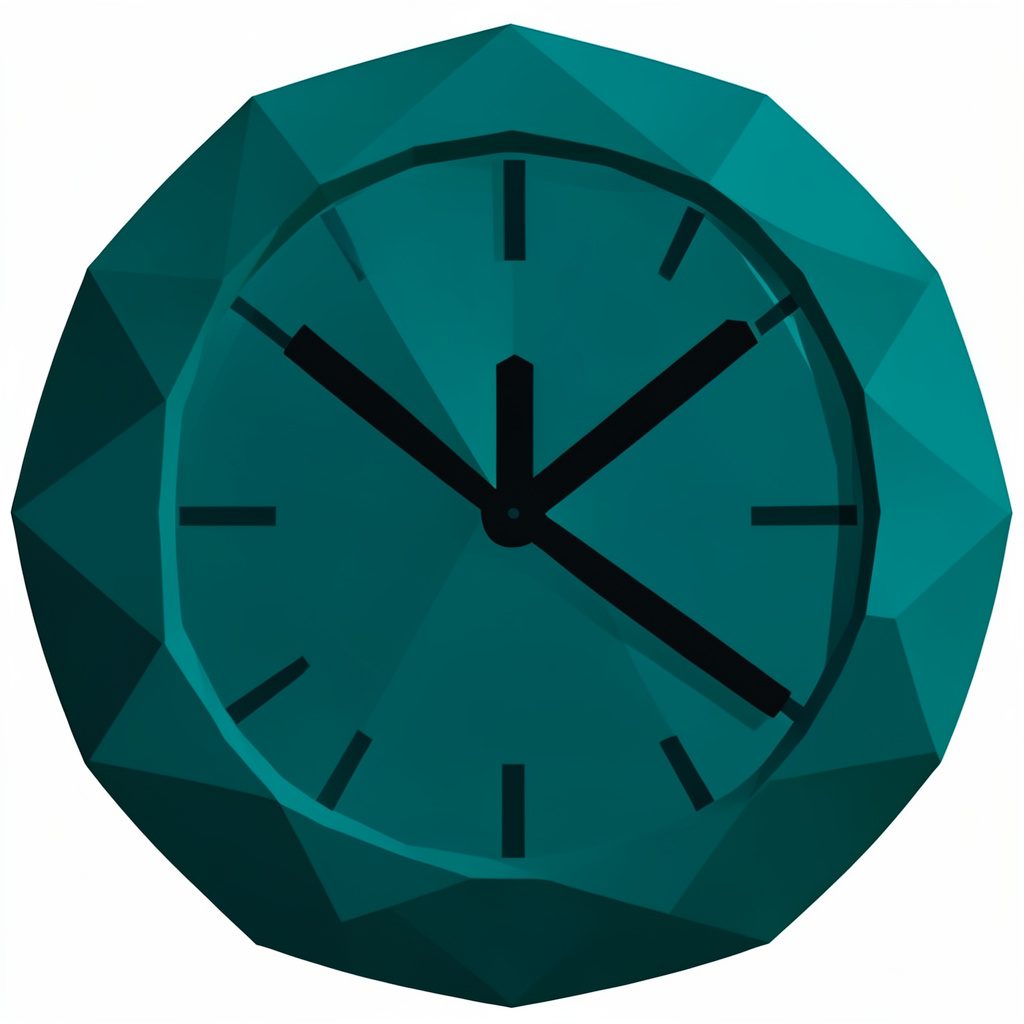 Clock striking midnight illustration with bold numerals and festive streamers in deep teal and gold
